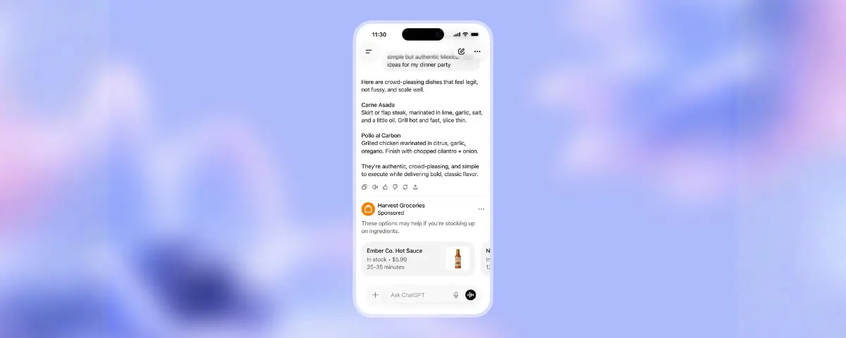 Advertenties ChatGPT; weergave van advertenties binnen telefoonversie van ChatGPT.
