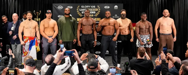 GLORY 105 Rico Verhoeven; Last Heavyweight Standing deelnemers op het podium tijdens persconferentie GLORY 105.