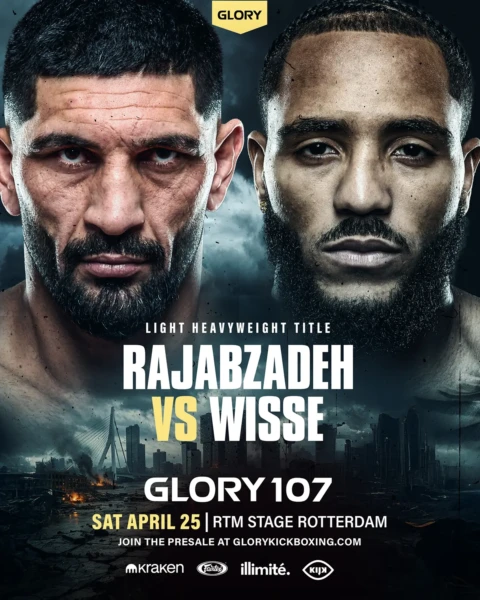 GLORY 107; Bahram Rajabzadeh en Donovan Wisse op poster afgebeeld voor GLORY 107 in Ahoy Rotterdam. 