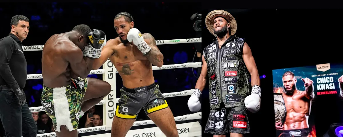 GLORY 107; Chico Kwasi en Donovan Wisse samen op een foto vechtend afgebeeld.